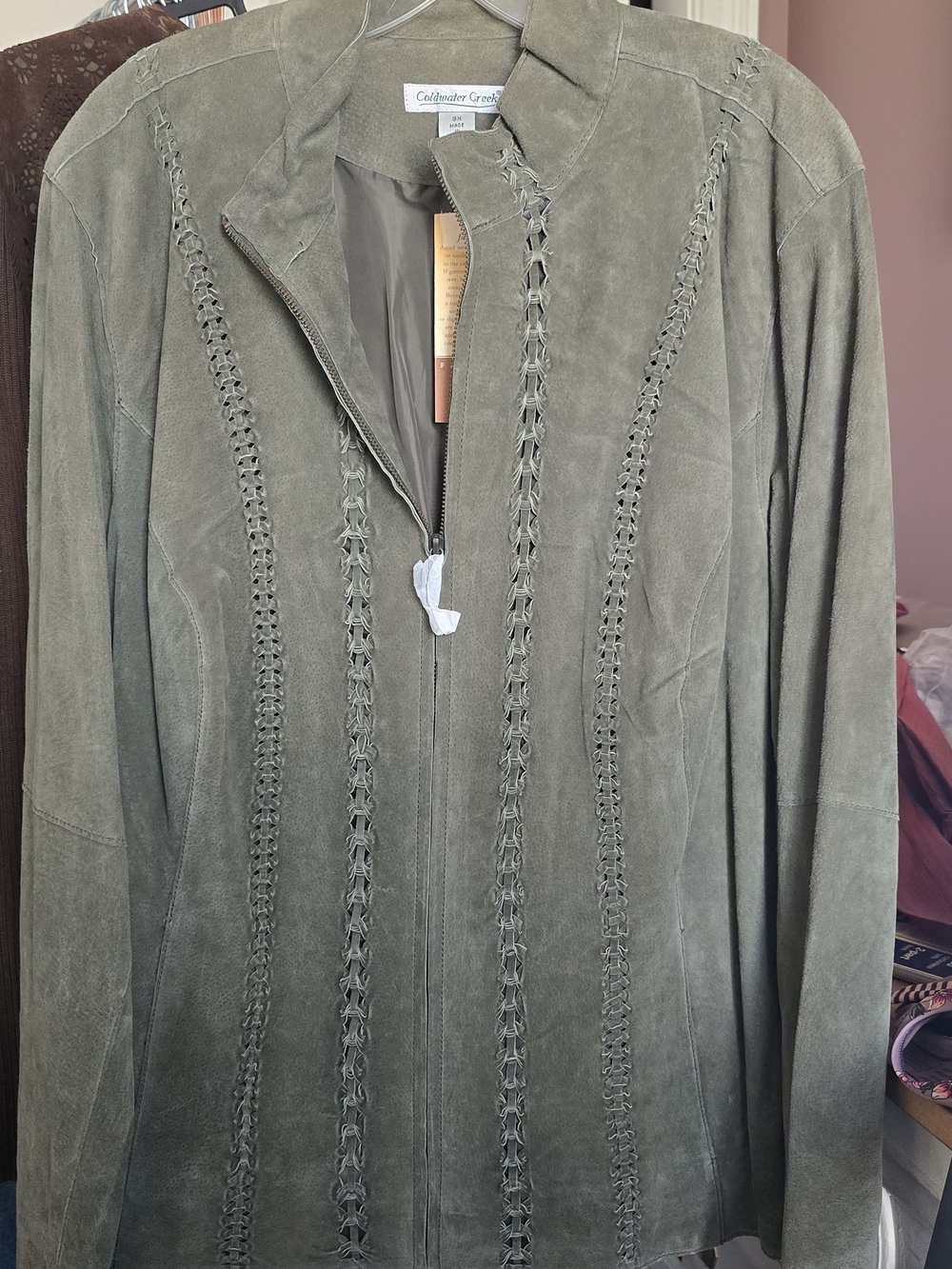 Coldwater Creek Olive Green Suede Zip Jacket with Braided Detail